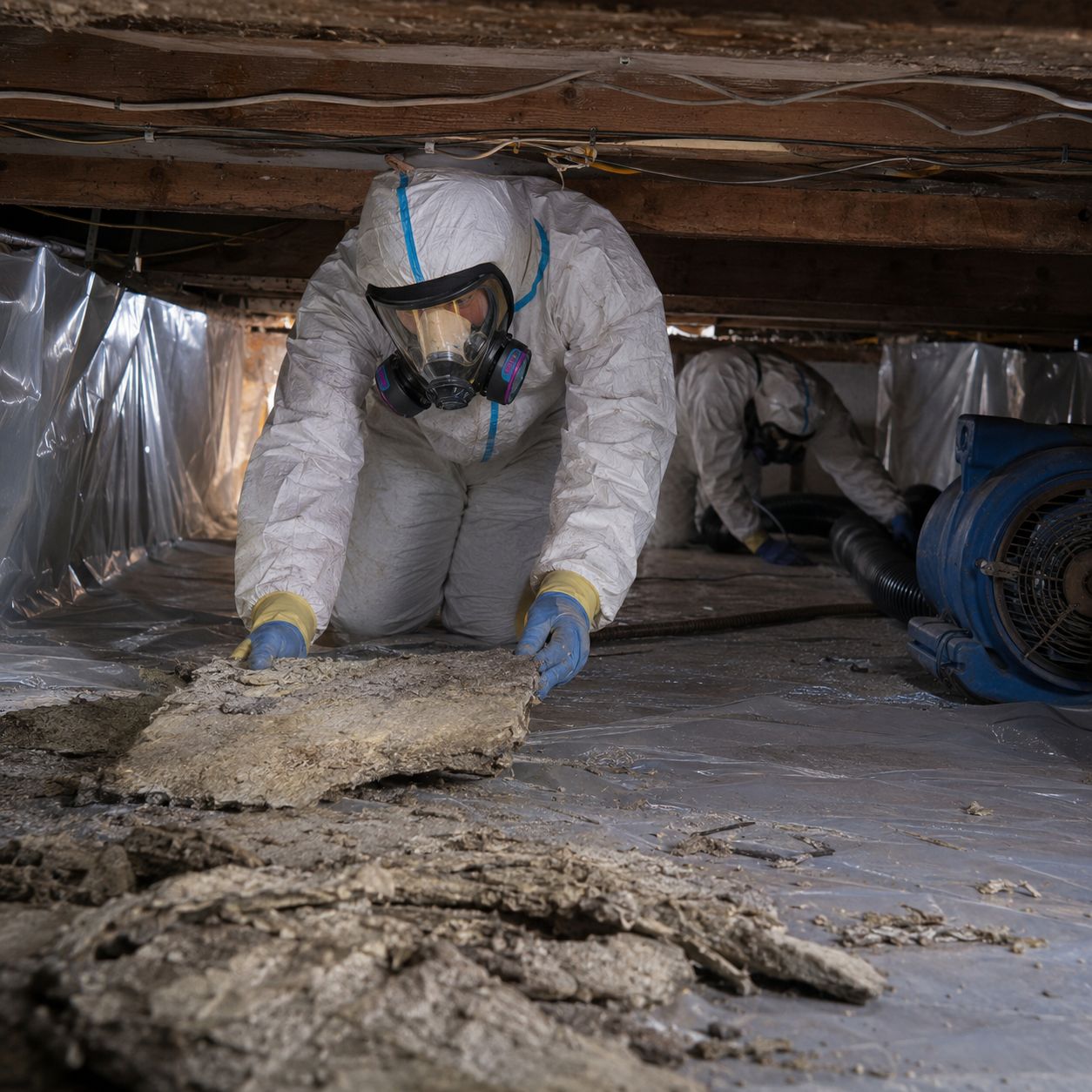 Certified asbestos abatement team removing pipe insulation from basement