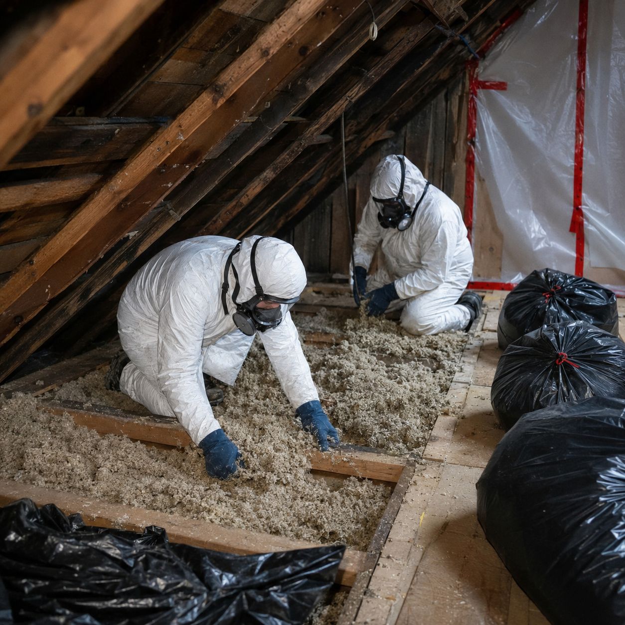 Licensed technicians installing containment barrier before asbestos removal