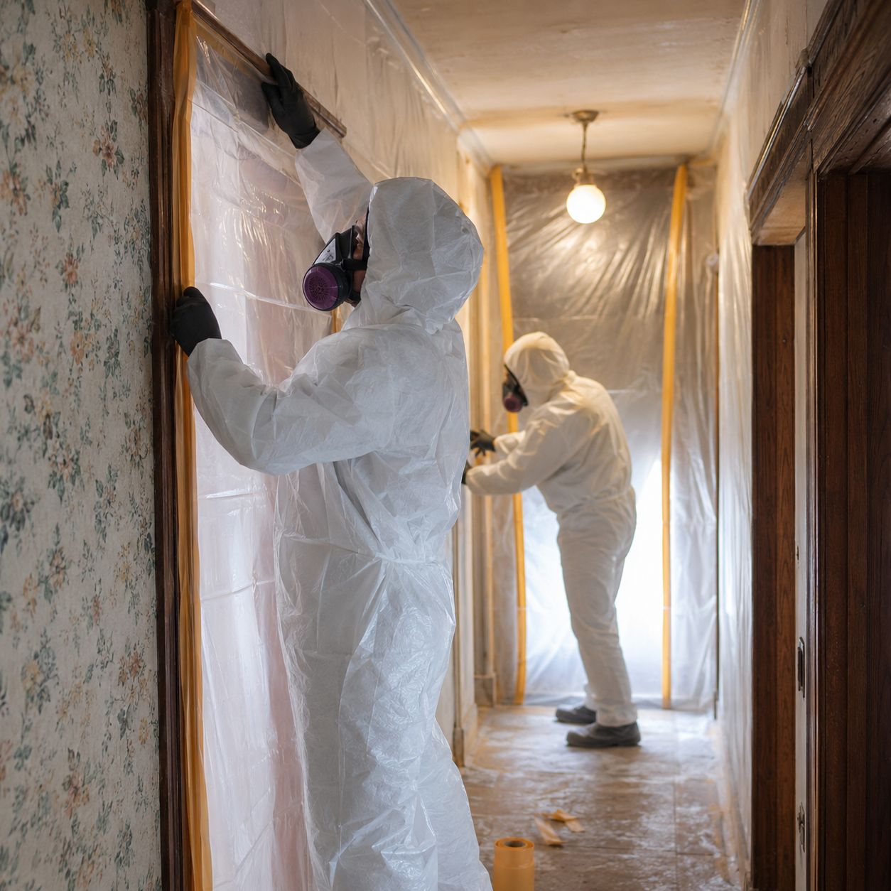 EPA certified specialists removing asbestos popcorn ceiling in residential home
